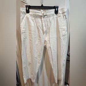 White Cropped Linen‎ Blend Pants Elastic Waist Drawstring Casual Comfy Trousers